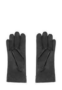 Par de guantes de cuero negro con costuras detalladas, ubicados con la palma hacia arriba, aislados sobre fondo blanco.