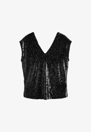 Fekete flitteres felső V nyakkal, rövid ujjakkal és testhezálló szabással. A felülete csillogó textúrával rendelkezik, amelyet a flitterek hoznak létre.