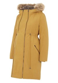Žlutá parka s kapucí podšitou umělou kožešinou, dvěma zipovými kapsami, nastavitelným stahováním v pase a hladkým textilním povrchem.