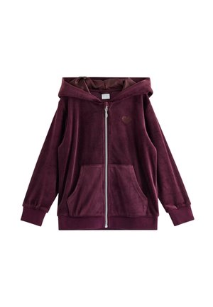 Junges Mädchen steht und lächelt, trägt einen dunkelvioletten Velours-Hoodie und passende Hosen mit mehrfarbigen Turnschuhen.