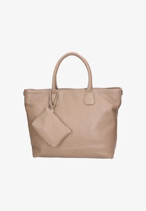 Beige leren boodschappentas met dubbele handvatten en een bijpassend afneembaar etui met rits bevestigd aan een handvat.