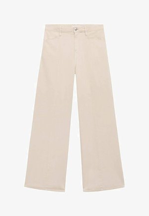 Beige weit geschnittene Hose aus Baumwollmischung. Mit vorderen Taschen und einem einzigen Metallknopfverschluss an der Taille. Glatte Textur.