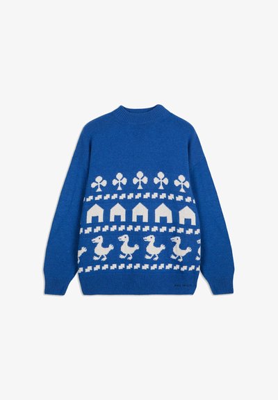 Blue sweater with white patterns of club symbols, house shapes, and walking ducks across the chest and midsection.