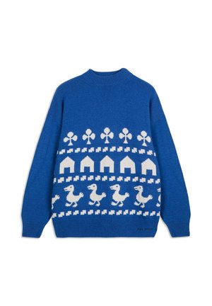 Blue knit sweater with white patterns of playing card clubs, house shapes, and walking ducks in rows across the chest and waist.