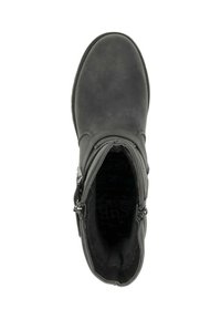 Black ankle boot with a smooth leather exterior, round toe, decorative side zipper, and soft inner lining. Flat sole and minimal hardware accents.