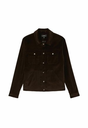 Braune Cordjacke mit Knopfleiste, zwei Brusttaschen und seitlichen Taschen, ausgestattet mit einem Kragen und langen Ärmeln.