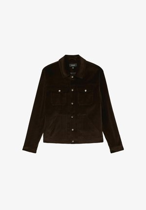 Brun kordfløjljakke med knaplukning foran, to brystlommer og sidelommer, med krave og lange ærmer.