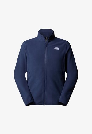 Marineblauw fleecejack met volledige ritssluiting, opstaande kraag, twee zijzakken en wit The North Face-logo op de linkerborst.