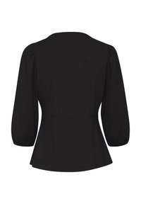 Černá peplum blůza s tříčtvrtečními nafouknutými rukávy, kulatým výstřihem a strukturovanou tkaninou. Klínový lem v pase.