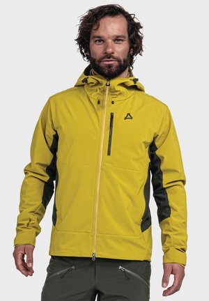 Gelbe wasserdichte Jacke mit schwarzen Akzenten, verstellbarer Kapuze, Frontreißverschluss und seitlichen Taschen. Mit einem Logo auf der Brust.