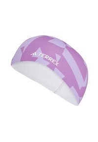 Fialová vzorovaná čelenka s hladkým povrchom, so svetlo bielou vnútornou podšívkou a viditeľným bielym logom "TERREX" vpredu.