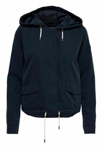Navy blue hooded jacket with a front zipper, drawstring waist, and two side pockets. Made from lightweight fabric with a smooth texture.