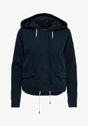 Veste à capuche bleu marine avec une fermeture éclair à l'avant, une taille à cordon et deux poches latérales. Fabriquée en tissu léger avec une texture lisse.