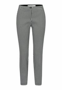Pantalon slim noir et blanc à motif pied-de-poule, fermeture par bouton et zip, poches avant et taille mi-haute.