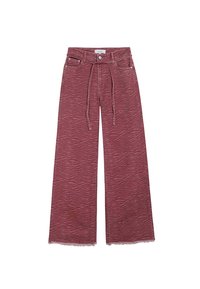 Pantalons larges en tissu texturé dans une teinte rougeâtre avec un motif en zigzag subtil. Présentent une taille à cordon et un ourlet effiloché.
