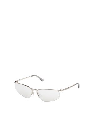 Lunettes en métal avec une fine monture argentée, des verres de forme rectangulaire et des verres transparents. Comprend des plaquettes de nez et des branches à motif.