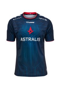 Marinblå esports-tröja med en stjärnlogo, vit text "ASTRALIS", geometriska mönster och röda accenter på kragen och ärmarna.
