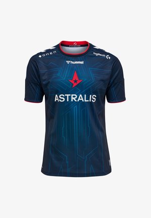 Marineblå esports-trøje med et stjerne-logo, hvid "ASTRALIS" tekst, geometriske mønstre og røde detaljer på kraven og ærmerne.
