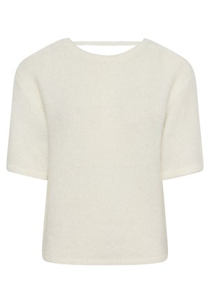 Pull en maille à manches courtes de couleur crème, avec un col rond et un détail de sangle horizontale sur le haut du dos.