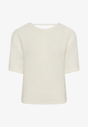 Krém színű, rövid ujjú kötött pulóver kerek nyakkivágással és vízszintes pánt részlettel a felső háton.