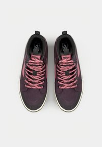 Høye joggesko i mørk lilla og grå med rosa lisser, laget av semsket skinn og kanvas, med rund tå og gummisåle.