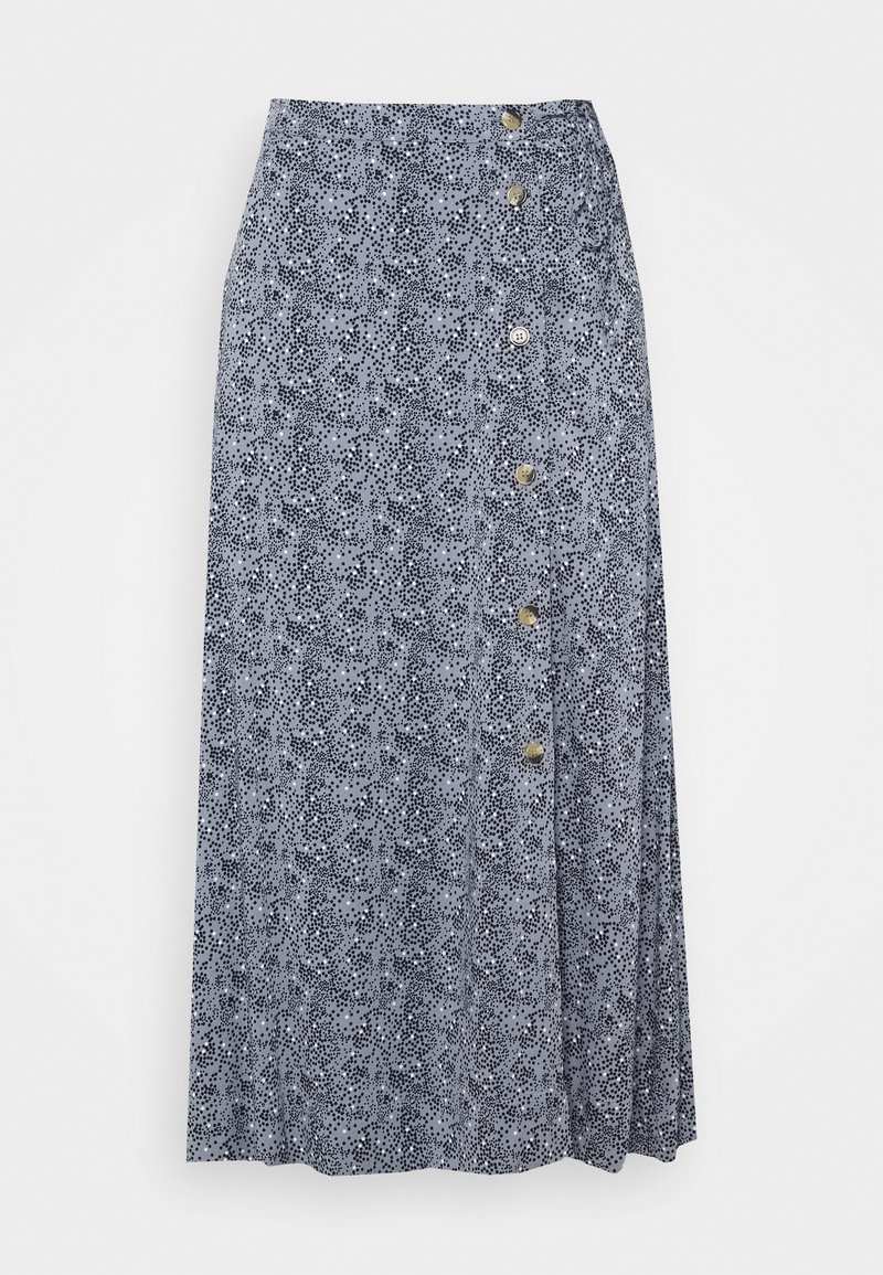 Jupe midi bleue avec un motif moucheté noir et blanc, boutonnée d'un côté avec six boutons argentés.