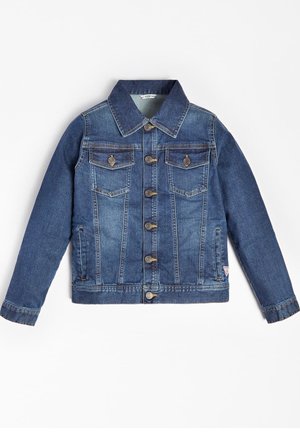 Veste en denim bleu foncé avec devant à boutons, col pointu, deux poches poitrine et quincaillerie dorée. Coupe classique et tissu texturé.