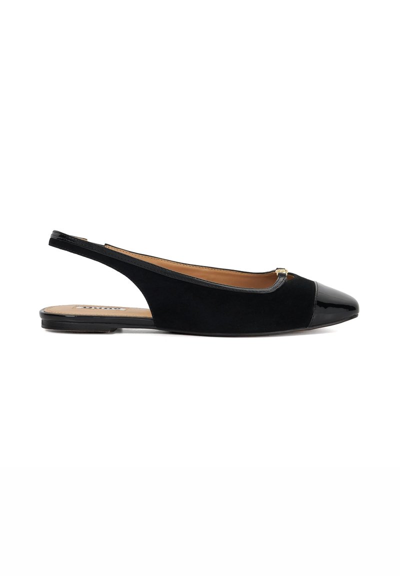 Black slingback shoe featuring a suede upper, patent leather capped toe, and a small metallic accent. Flat sole with a smooth finish.