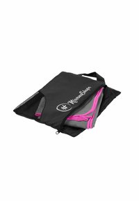 Schwarze Reißverschluss-Tasche mit Netzfach, mit pinken Akzenten und grauem Innenfutter. Kompaktes, leichtes Design, ideal zum Tragen von Gegenständen.