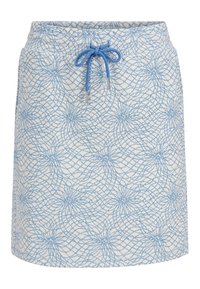 Světlá krémová sukně s modrým geometrickým vzorem, elastickým pasem a nastavitelnou modrou šňůrkou. Má prvky z kovu v barvě stříbra.