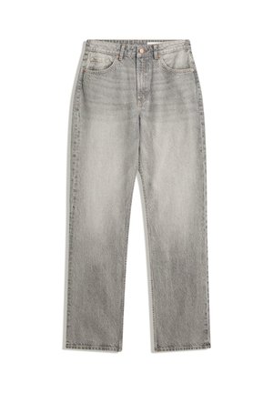 Ljusgrå rakt skurna jeans med en utvättad tvätt, enkelknappsstängning och femficksdesign. Tillverkade av bomull med synliga söm detaljer.