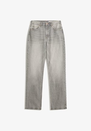 Light grey straight-leg jeans with a faded wash, single-button closure, and five-pocket design. Cotton fabric with visible stitching details.