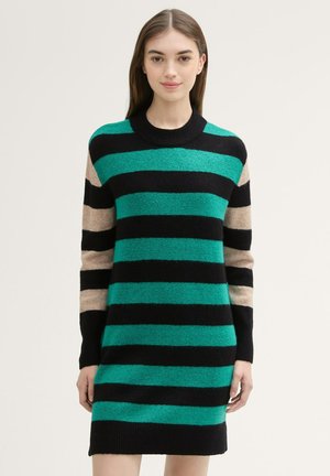 Strickkleid mit breiten horizontalen Streifen in Teal, Schwarz und Beige. Rundhalsausschnitt und lange Ärmel. Weicher, strukturierter Stoff.