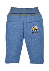 Pantaloni di cotone blu con texture a costine, dotati di due tasche posteriori e un design ricamato di veicolo da costruzione con il testo "sei amato".