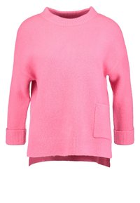 Maglione rosa lavorato a maglia con maniche lunghe, scollatura rotonda e tasca frontale. Presenta una texture morbida e un orlo posteriore leggermente più lungo.