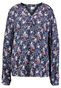 Bluse mit langen Ärmeln in Marineblau, mit V-Ausschnitt, Knopfdetails und einer Mischung aus kleinen weißen, roten und beigen Blumen auf einem strukturierten Stoff.