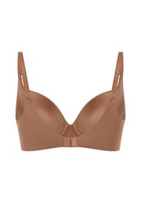 Bra in Braun mit gepolstertem Design, glatter Textur, tiefem Ausschnitt, verstellbaren Trägern und Haken- und Ösenschluss; nahtlose Cups für zusätzlichen Komfort.
