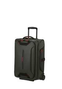 Dark green wheeled suitcase with red accents, a retractable handle, textured surface, and a front zipper pocket for extra storage.