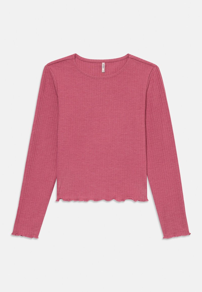 Roze langoorige top met een ribbelstructuur, ronde halslijn en gegolfde zoom. Stof is zacht en lichtgewicht. Geen zichtbare hardware of patronen.