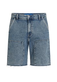 Shorts en jean de couleur bleu clair, présentant une coupe décontractée, un ourlet effiloché et de grandes poches avant. Fabriqués en tissu en denim texturé.