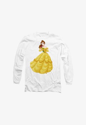Weißes Langarmshirt mit einem Cartoon-Charakter in einem gelben Kleid, der eine Rose hält, mit Rüschendetails und rundem Halsausschnitt.