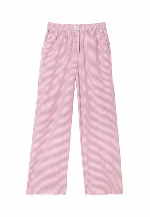 Rosa-weiß gestreifte, weite Hose mit elastischem Bund und Knopfdetail, aus leichtem Stoff und mit lässigem Design.