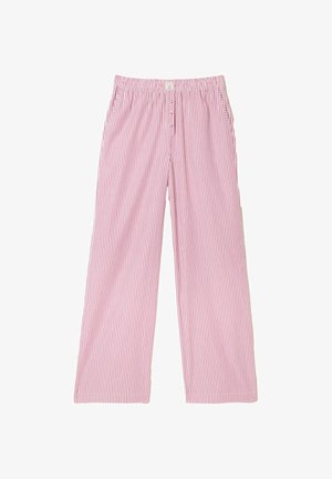 Rosa-weiß gestreifte, weite Hose mit elastischem Bund und Knopfdetail, aus leichtem Stoff und mit lässigem Design.