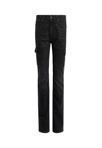 Pantalones cargo de denim negro con corte recto, que presentan dos bolsillos laterales, un diseño clásico de cinco bolsillos y un ligero desvanecimiento en la tela.