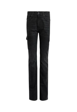Black denim cargo pants with straight fit, featuring two side pockets, a classic five-pocket design, and subtle fading on the fabric.