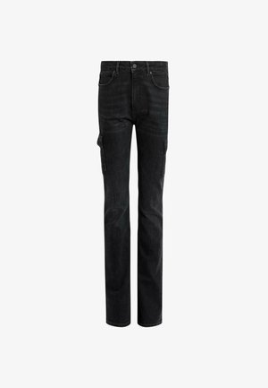 Schwarze Denim-Cargohose mit geradem Schnitt, ausgestattet mit zwei Seitentaschen, einem klassischen Fünf-Taschen-Design und subtilen Ausbleichungen im Stoff.