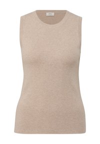 Beige mouwloze top gemaakt van geribbeld breigoed. Heeft een ronde halslijn en een aansluitend silhouet, ontworpen voor een gladde textuur.