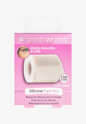 Silikon-Gesichtsklebebandrolle in Weiß, strukturierte Oberfläche, 1,5 Meter lang, verpackt in einer rosa Box mit mehrsprachigen Produktdetails.