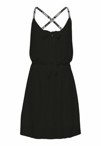 Vestido negro sin mangas con un lazo en el frente y tirantes cruzados blancos con marca. Textura suave y corte relajado, con una cintura ceñida.