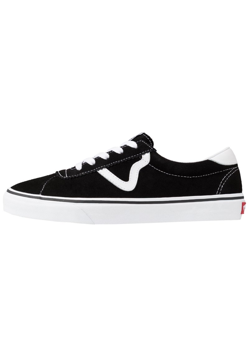 Black suede sneaker with white laces and a white logo on the side, featuring a white sole with a black stripe. Classic casual style.